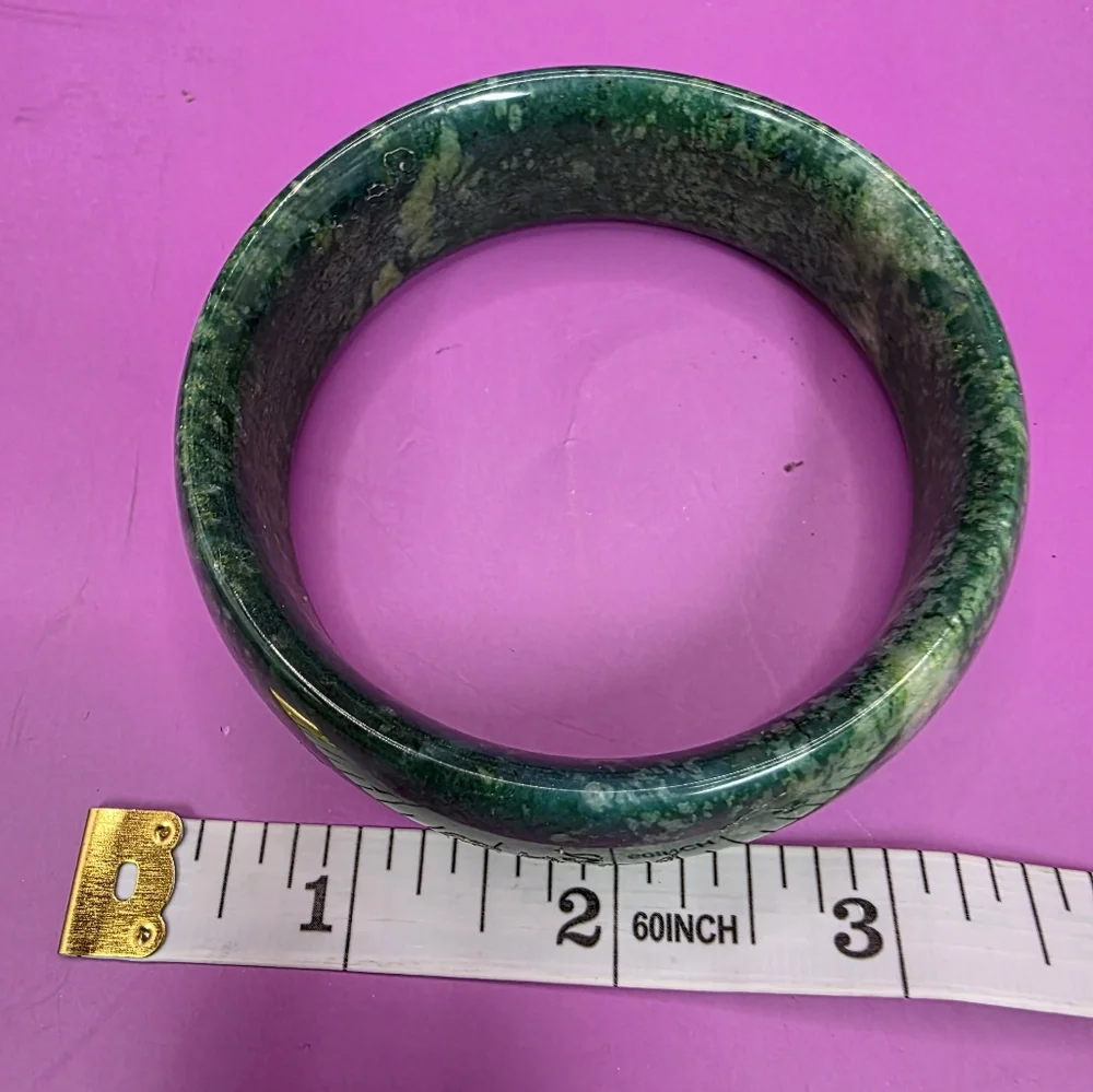 Estate Chinese Green Jade Wide Bangle Bracelet - Picture 8 of 9
